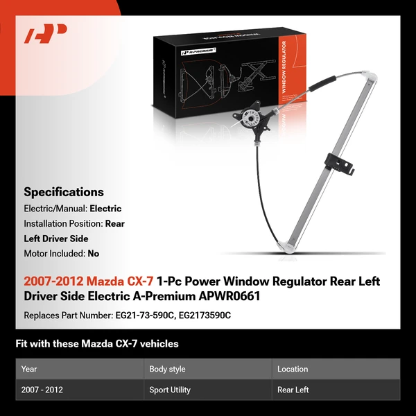 2007-2012 Mazda CX-7 1-Pc Power Window Regulator Rear Left Driver Side Electric A-Premium APWR0661