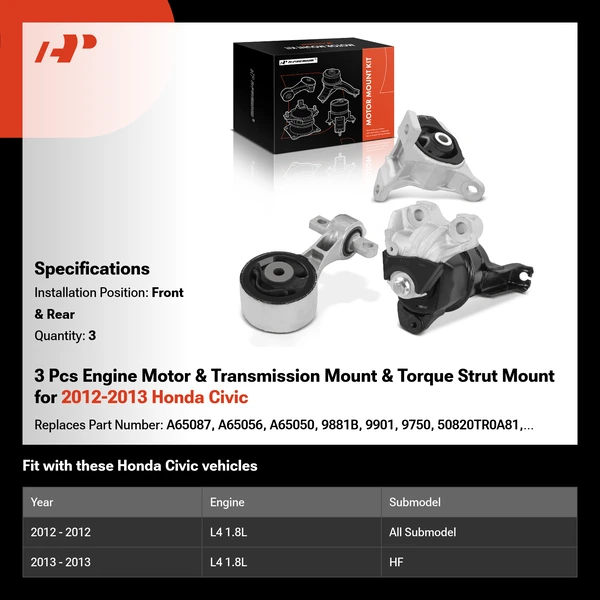 3 Pcs Engine Motor & Transmission Mount & Torque Strut Mount for 2012-2013 Honda Civic