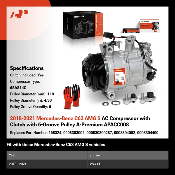 2018-2021 Mercedes-Benz C63 AMG S AC Compressor with Clutch with 6-Groove Pulley A-Premium APACC008
