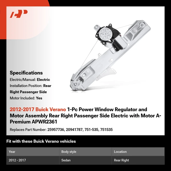 2012-2017 Buick Verano 1-Pc Power Window Regulator and Motor Assembly Rear Right Passenger Side Electric with Motor A-Premium APWR2361
