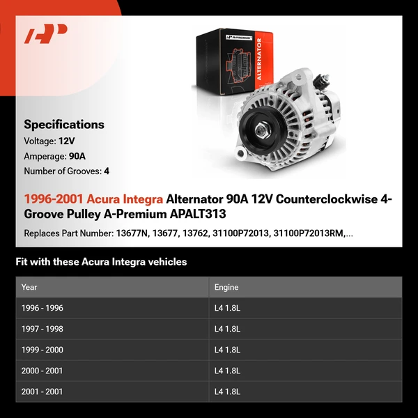 1996-2001 Acura Integra Alternator 90A 12V Counterclockwise 4-Groove Pulley A-Premium APALT313