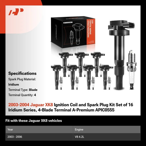 2003-2004 Jaguar XK8 Ignition Coil and Spark Plug Kit Set of 16 Iridium Series, 4-Blade Terminal A-Premium APIC0555