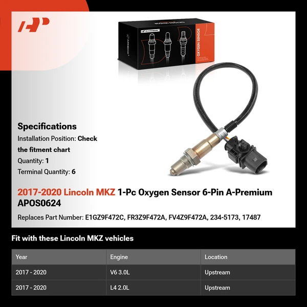 2017-2020 Lincoln MKZ 1-Pc Oxygen Sensor 6-Pin A-Premium APOS0624