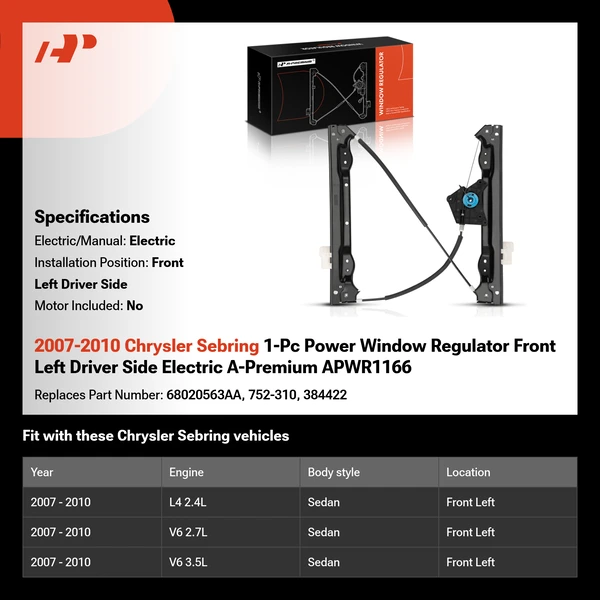 2007-2010 Chrysler Sebring 1-Pc Power Window Regulator Front Left Driver Side Electric A-Premium APWR1166