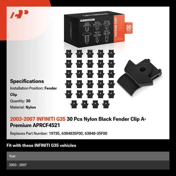 2003-2007 INFINITI G35 30 Pcs Nylon Black Fender Clip A-Premium APRCF4521