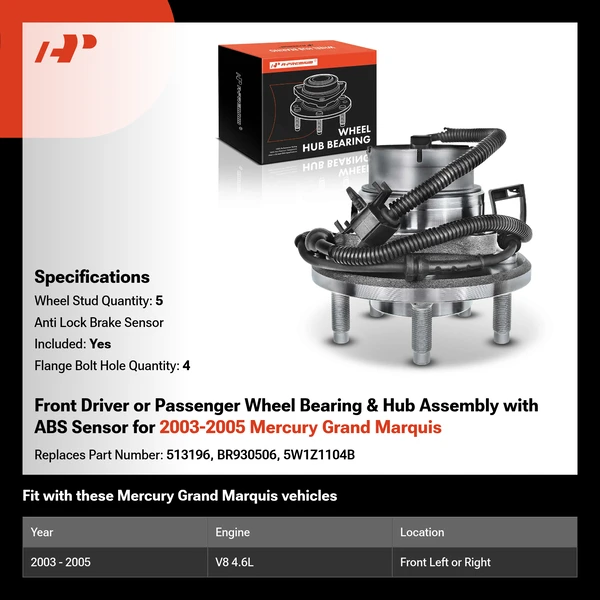 Front Driver or Passenger Wheel Bearing & Hub Assembly with ABS Sensor for 2003-2005 Mercury Grand Marquis