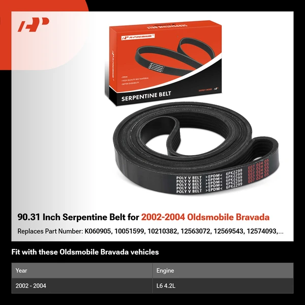 90.31 Inch Serpentine Belt for 2002-2004 Oldsmobile Bravada