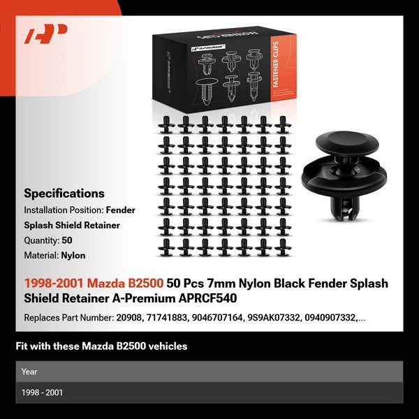 1998-2001 Mazda B2500 50 Pcs 7mm Nylon Black Fender Splash Shield Retainer A-Premium APRCF540