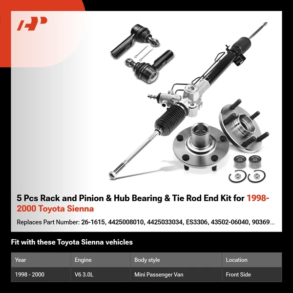 5 Pcs Rack and Pinion & Hub Bearing & Tie Rod End Kit for 1998-2000 Toyota Sienna