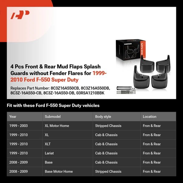 4 Pcs Front & Rear Mud Flaps Splash Guards without Fender Flares for 1999-2010 Ford F-550 Super Duty