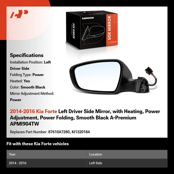 2014-2016 Kia Forte Left Driver Side Mirror, with Heating, Power Adjustment, Power Folding, Smooth Black A-Premium APMI904TW