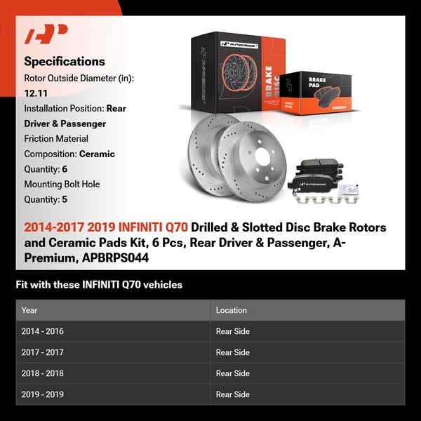 2014-2017 2019 INFINITI Q70 Drilled & Slotted Disc Brake Rotors and Ceramic Pads Kit, 6 Pcs, Rear Driver & Passenger, A-Premium, APBRPS044