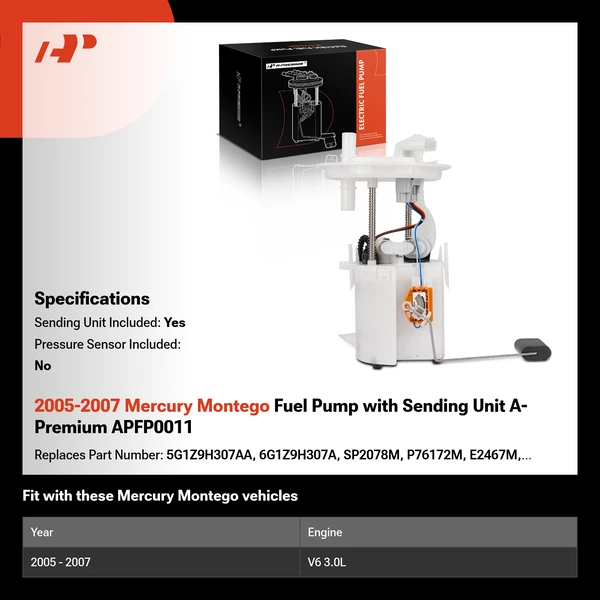 2005-2007 Mercury Montego Fuel Pump with Sending Unit A-Premium APFP0011