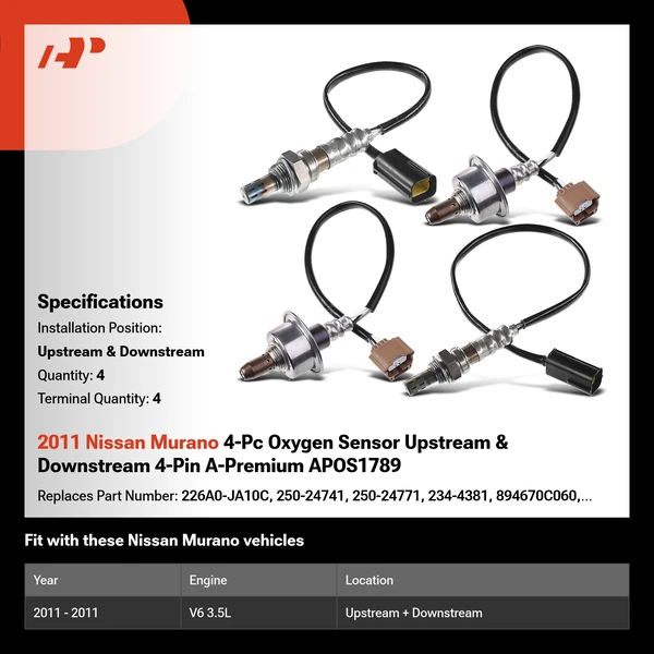 2011 Nissan Murano 4-Pc Oxygen Sensor Upstream & Downstream 4-Pin A-Premium APOS1789