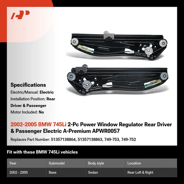 2002-2005 BMW 745Li 2-Pc Power Window Regulator Rear Driver & Passenger Electric A-Premium APWR0057