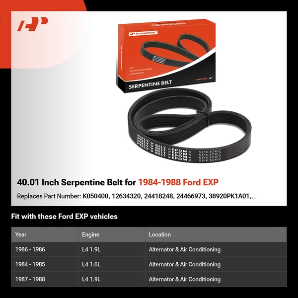 40.01 Inch Serpentine Belt for 1984-1988 Ford EXP