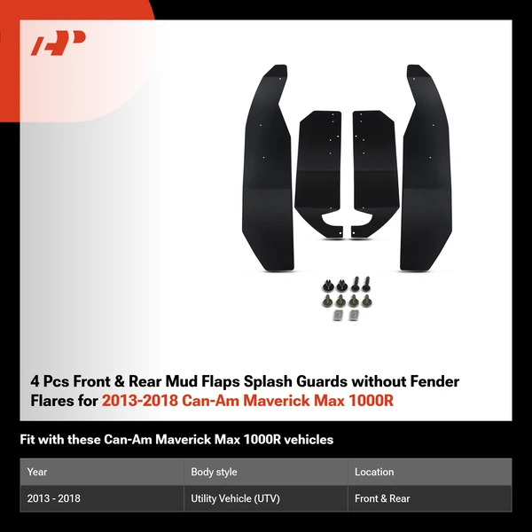 4 Pcs Front & Rear Mud Flaps Splash Guards without Fender Flares for 2013-2018 Can-Am Maverick Max 1000R