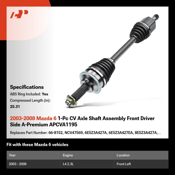 2003-2008 Mazda 6 1-Pc CV Axle Shaft Assembly Front Driver Side A-Premium APCVA1195