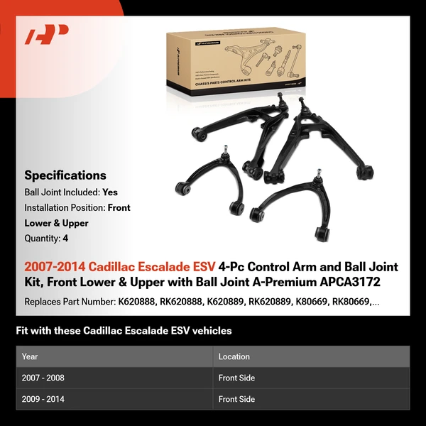 2007-2014 Cadillac Escalade ESV 4-Pc Control Arm and Ball Joint Kit, Front Lower & Upper with Ball Joint A-Premium APCA3172