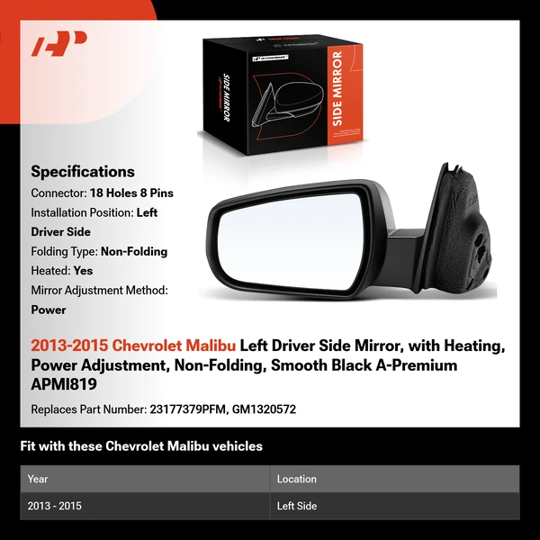 2013-2015 Chevrolet Malibu Left Driver Side Mirror, with Heating, Power Adjustment, Non-Folding, Smooth Black A-Premium APMI819