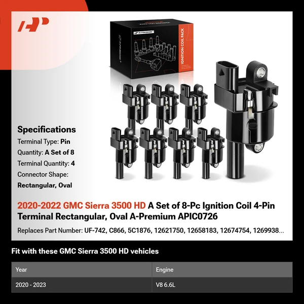 2020-2022 GMC Sierra 3500 HD A Set of 8-Pc Ignition Coil 4-Pin Terminal Rectangular, Oval A-Premium APIC0726