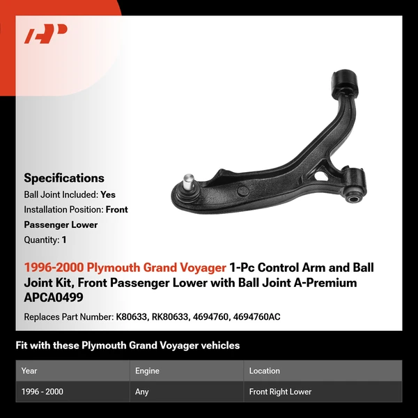 1996-2000 Plymouth Grand Voyager 1-Pc Control Arm and Ball Joint Kit, Front Passenger Lower with Ball Joint A-Premium APCA0499