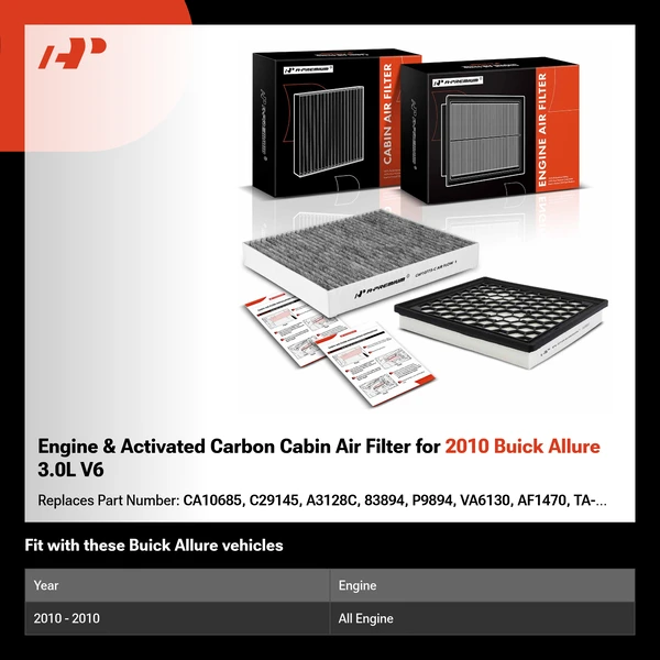 Engine & Activated Carbon Cabin Air Filter for 2010 Buick Allure 3.0L V6