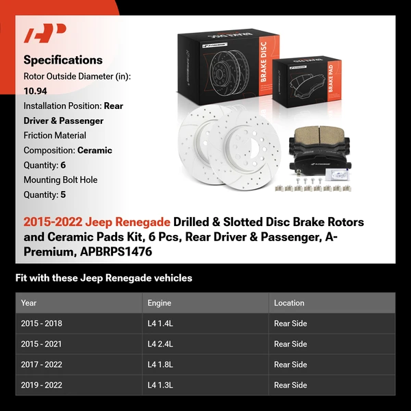 2015-2022 Jeep Renegade Drilled & Slotted Disc Brake Rotors and Ceramic Pads Kit, 6 Pcs, Rear Driver & Passenger, A-Premium, APBRPS1476