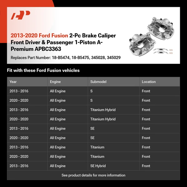 2013-2020 Ford Fusion 2-Pc Brake Caliper Front Driver & Passenger 1-Piston A-Premium APBC3363
