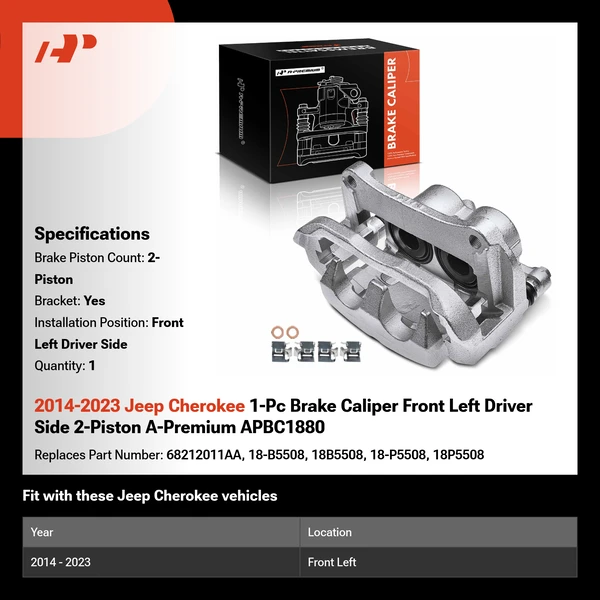 2014-2023 Jeep Cherokee 1-Pc Brake Caliper Front Left Driver Side 2-Piston A-Premium APBC1880