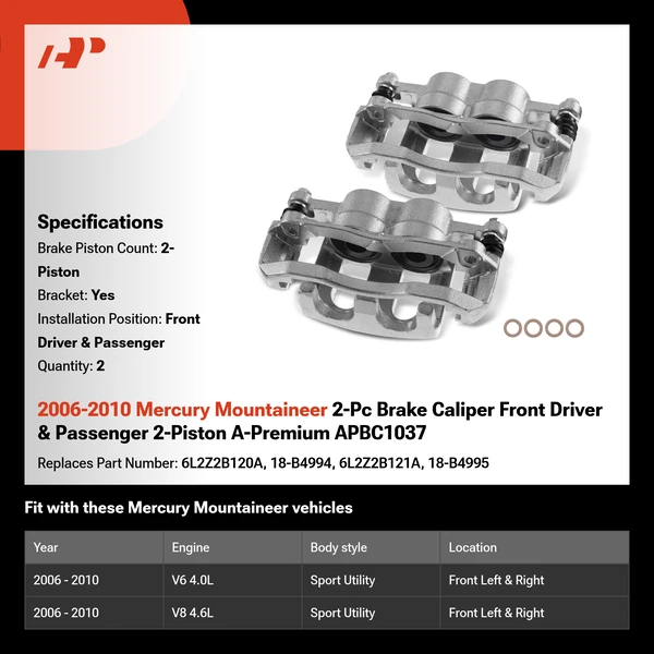 2006-2010 Mercury Mountaineer 2-Pc Brake Caliper Front Driver & Passenger 2-Piston A-Premium APBC1037