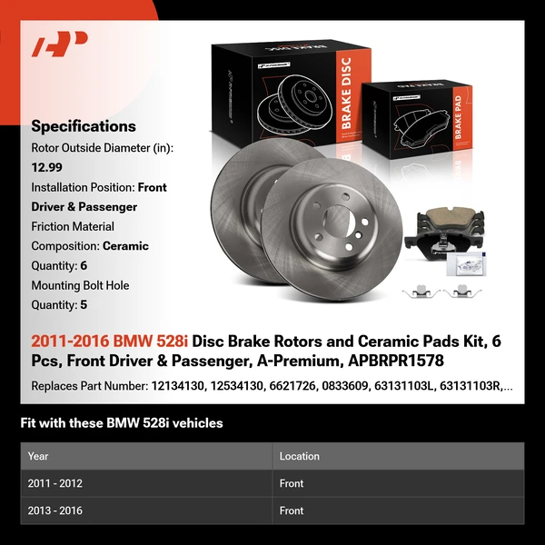 2011-2016 BMW 528i Disc Brake Rotors and Ceramic Pads Kit, 6 Pcs, Front Driver & Passenger, A-Premium, APBRPR1578