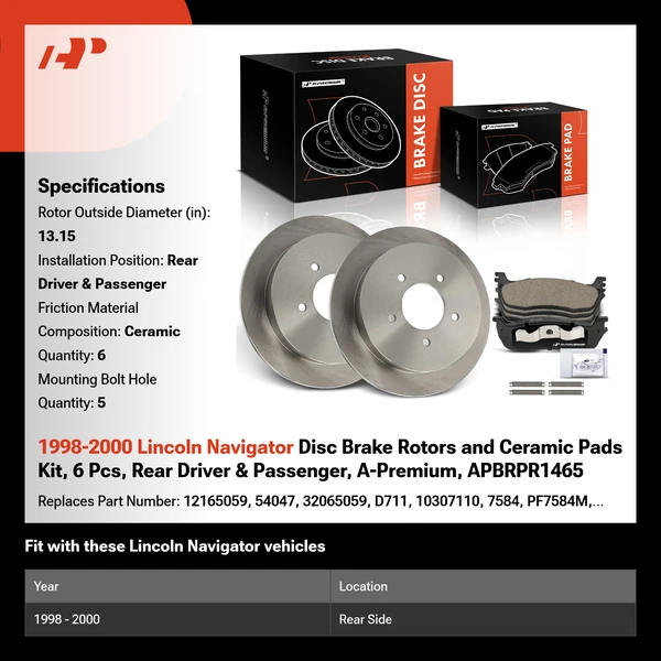 1998-2000 Lincoln Navigator Disc Brake Rotors and Ceramic Pads Kit, 6 Pcs, Rear Driver & Passenger, A-Premium, APBRPR1465