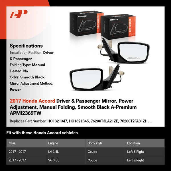 2017 Honda Accord Driver & Passenger Mirror, Power Adjustment, Manual Folding, Smooth Black A-Premium APMI2369TW