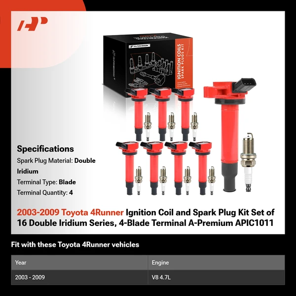 2003-2009 Toyota 4Runner Ignition Coil and Spark Plug Kit Set of 16 Double Iridium Series, 4-Blade Terminal A-Premium APIC1011