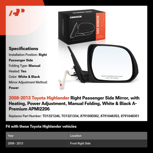 2008-2013 Toyota Highlander Right Passenger Side Mirror, with Heating, Power Adjustment, Manual Folding, White & Black A-Premium APMI2206