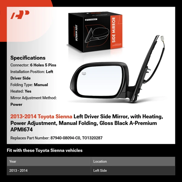 2013-2014 Toyota Sienna Left Driver Side Mirror, with Heating, Power Adjustment, Manual Folding, Gloss Black A-Premium APMI674