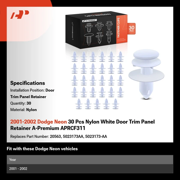 2001-2002 Dodge Neon 30 Pcs Nylon White Door Trim Panel Retainer A-Premium APRCF311