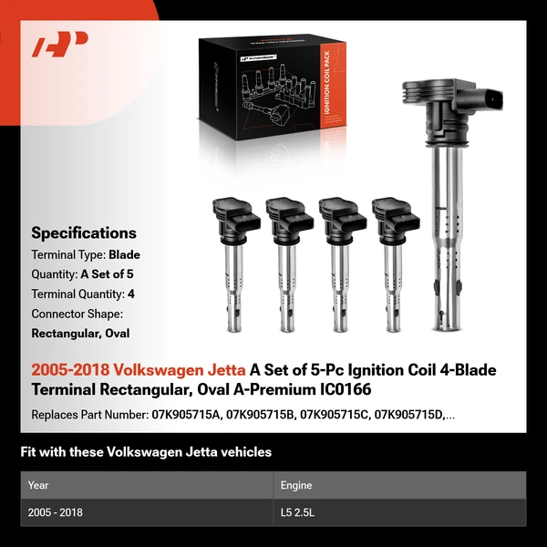 2005-2018 Volkswagen Jetta A Set of 5-Pc Ignition Coil 4-Blade Terminal Rectangular, Oval A-Premium IC0166