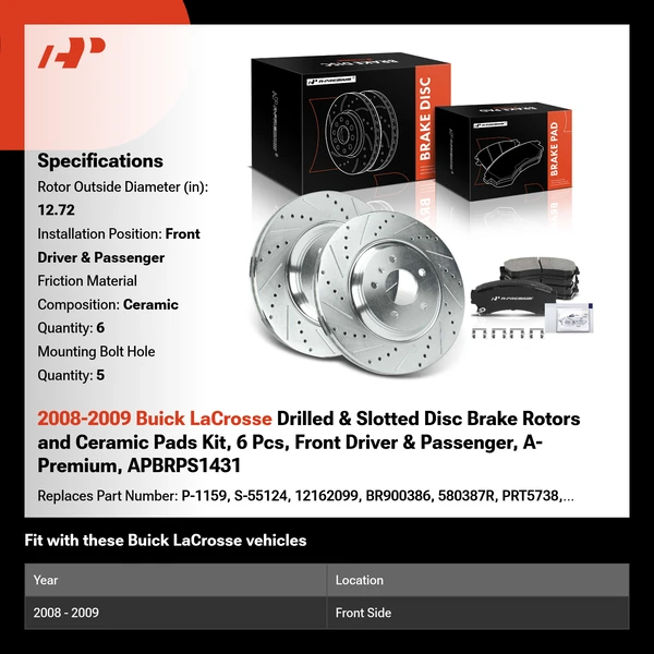 2008-2009 Buick LaCrosse Drilled & Slotted Disc Brake Rotors and Ceramic Pads Kit, 6 Pcs, Front Driver & Passenger, A-Premium, APBRPS1431