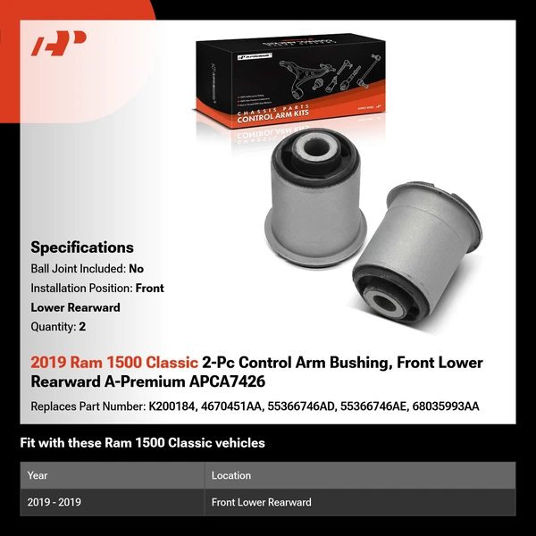 2019 Ram 1500 Classic 2-Pc Control Arm Bushing, Front Lower Rearward A-Premium APCA7426
