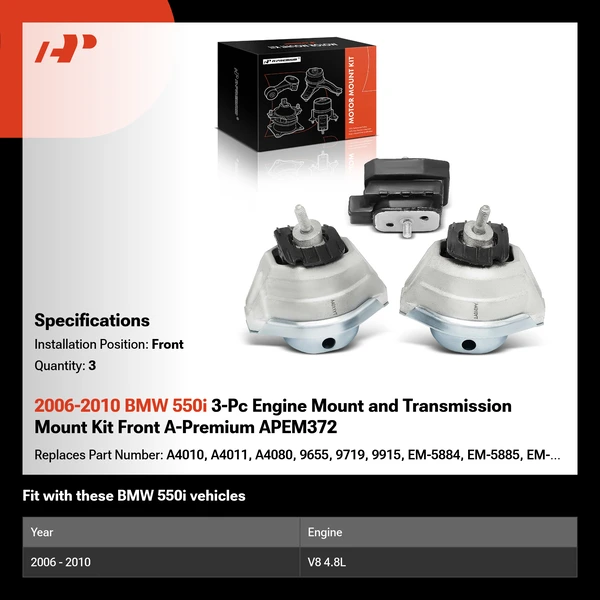 2006-2010 BMW 550i 3-Pc Engine Mount and Transmission Mount Kit Front A-Premium APEM372