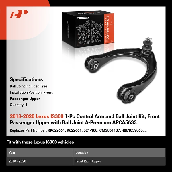 2018-2020 Lexus IS300 1-Pc Control Arm and Ball Joint Kit, Front Passenger Upper with Ball Joint A-Premium APCA5633