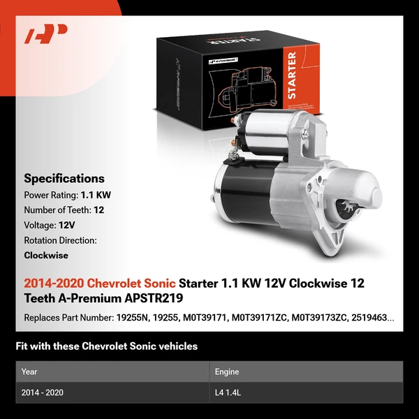 2014-2020 Chevrolet Sonic Starter 1.1 KW 12V Clockwise 12 Teeth A-Premium APSTR219
