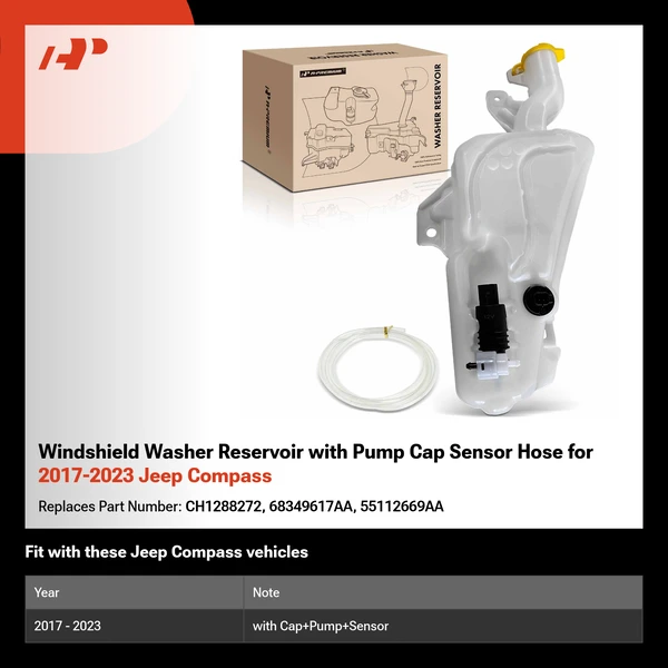 Windshield Washer Reservoir with Pump Cap Sensor Hose for 2017-2023 Jeep Compass