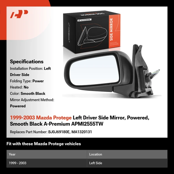 1999-2003 Mazda Protege Left Driver Side Mirror, Powered, Smooth Black A-Premium APMI2555TW
