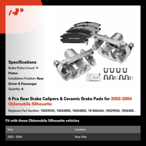 6 Pcs Rear Brake Calipers & Ceramic Brake Pads for 2002-2004 Oldsmobile Silhouette