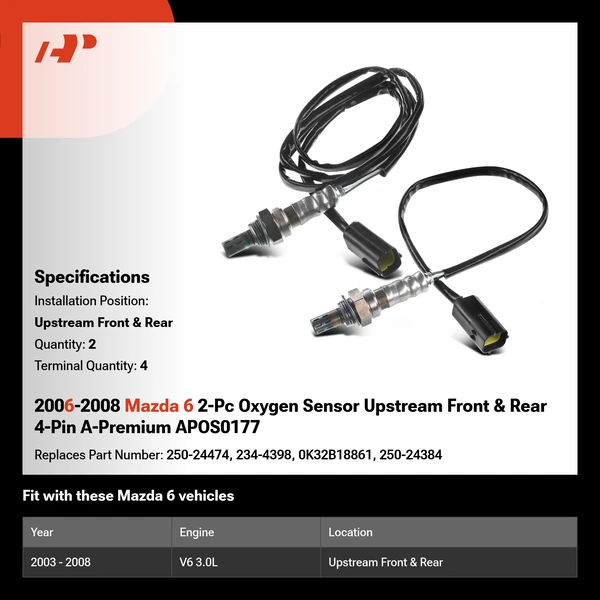 2006-2008 Mazda 6 2-Pc Oxygen Sensor Upstream Front & Rear 4-Pin A-Premium APOS0177