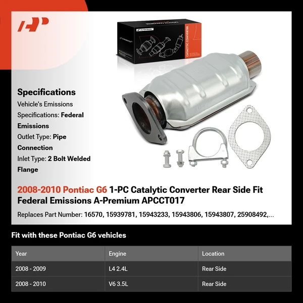 2008-2010 Pontiac G6 1-PC Catalytic Converter Rear Side Fit Federal Emissions A-Premium APCCT017