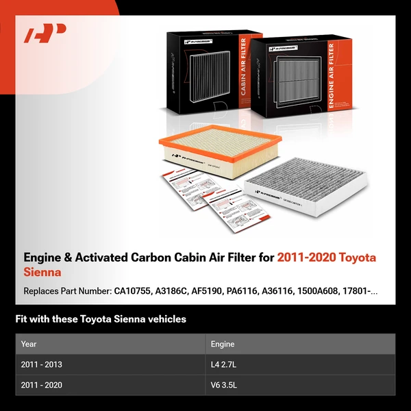 Engine & Activated Carbon Cabin Air Filter for 2011-2020 Toyota Sienna